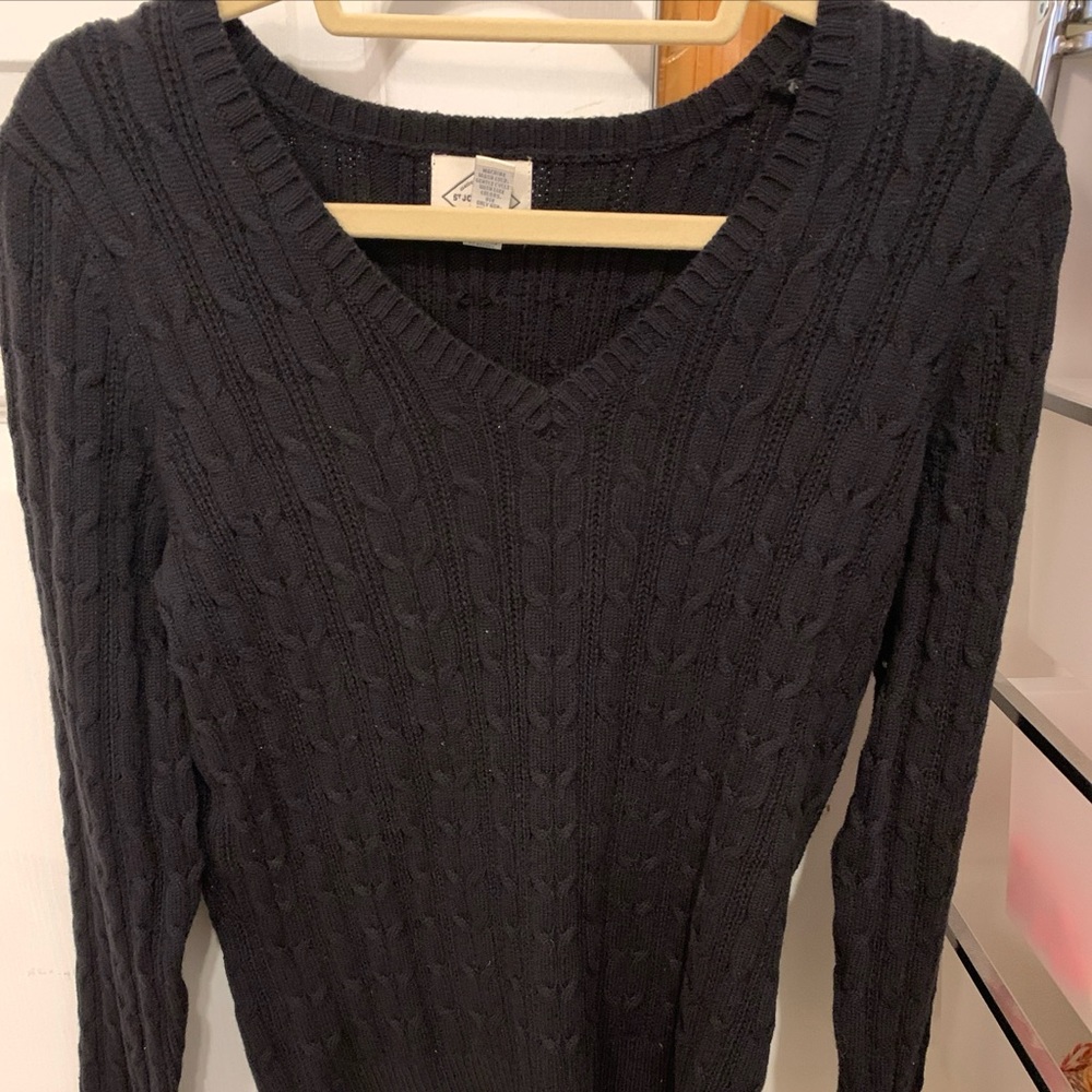 St John's Bay Black Cable Knit V Neck Sweater Women's Large Classic